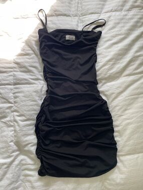 Oh Polly Black Ruched Mini Dress with Spaghetti Straps